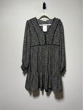 Easel Black Floral Mini Dress Boho Crochet Lace V-Neck Smocked Sleeve S NWT